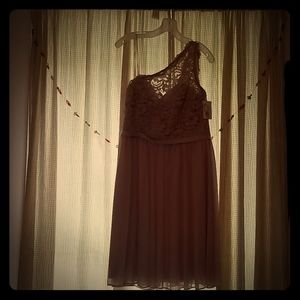 David's Bridal One Shoulder Lace Me in Biscotti